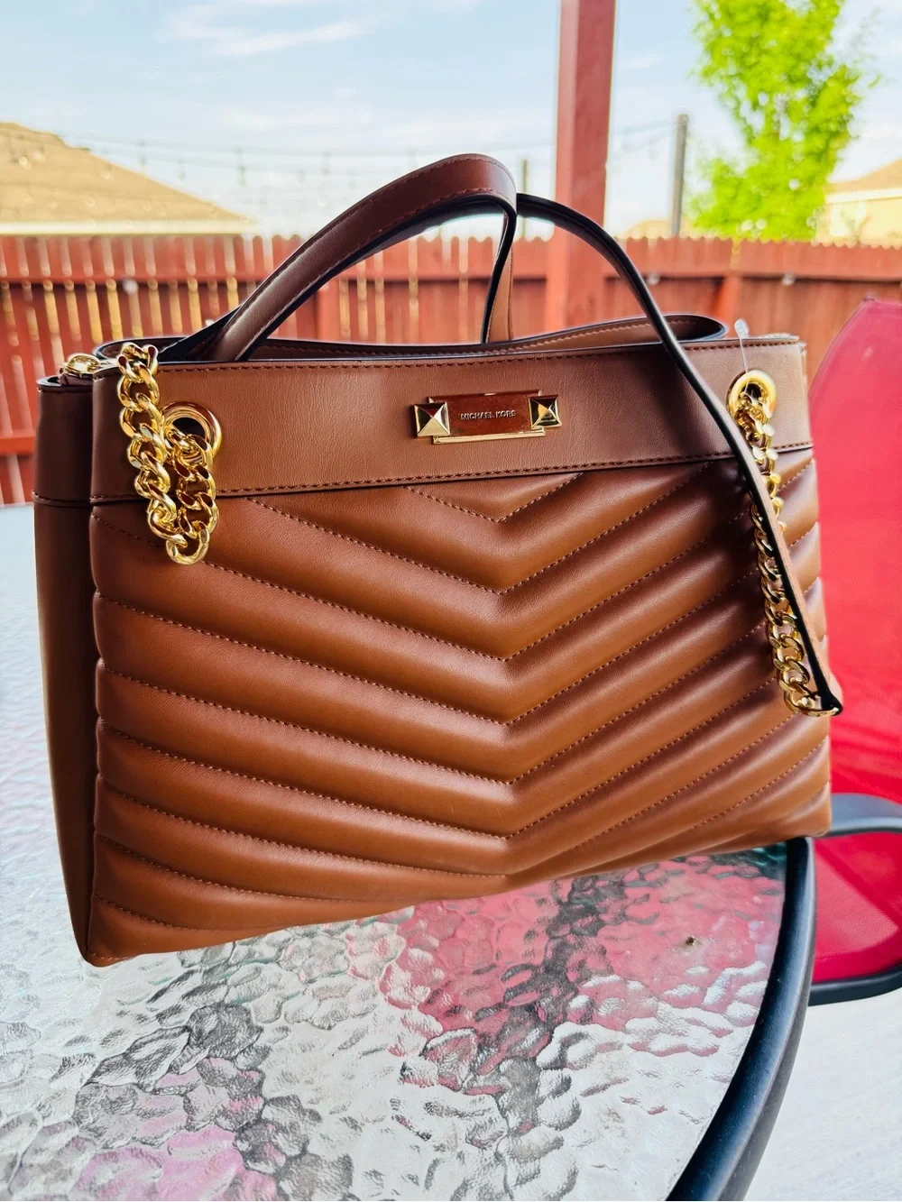 Michael Kors Brown Leather Shoulder Bag with Gold Accents